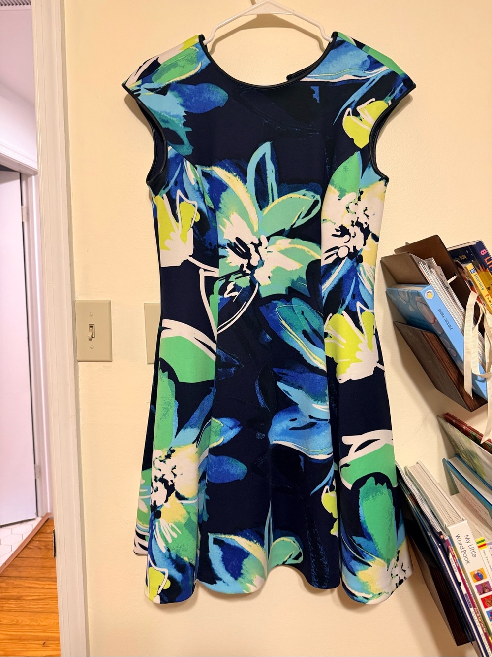 Vince Camuto Navy Floral Fit & Flare Dress with Blue, Green & Yellow Blooms